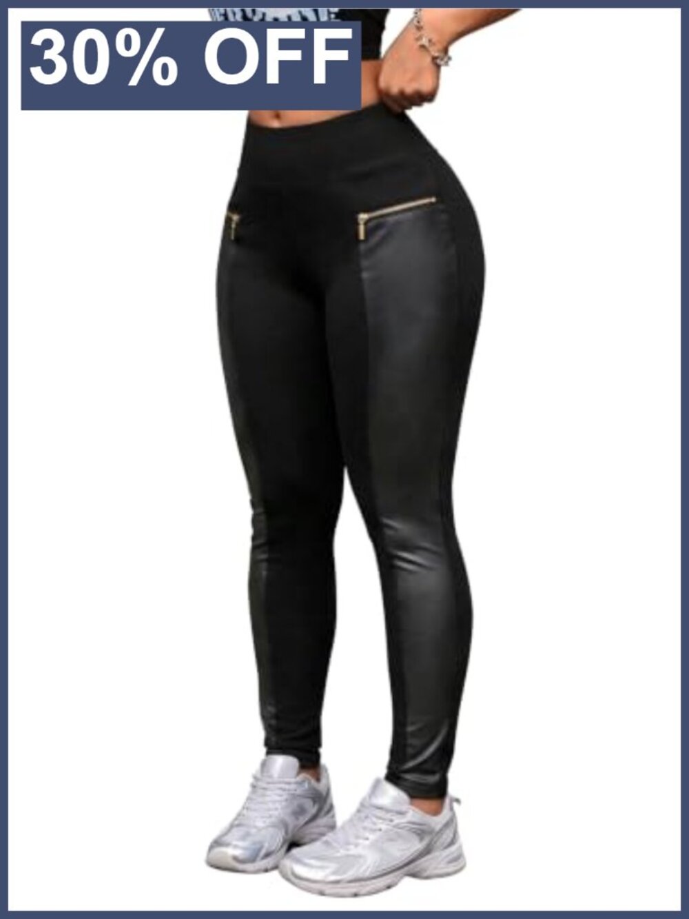 Women's High Waist Faux Leather Panel Leggings Yoga Pants